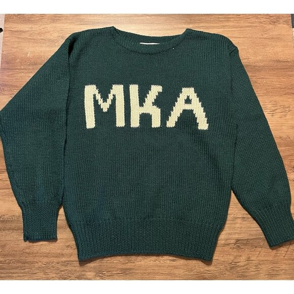Vintage 80s Collegiate Traditions MKA Wool Green Knit Sweater Small Academia - Picture 1 of 9